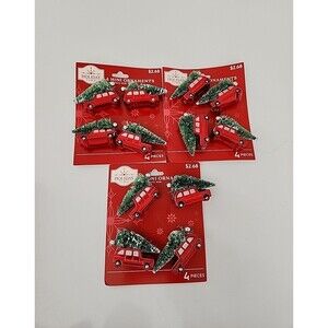 12 mini 2.5" long red plastic SUV  ornaments hauling flocked Christmas Trees New